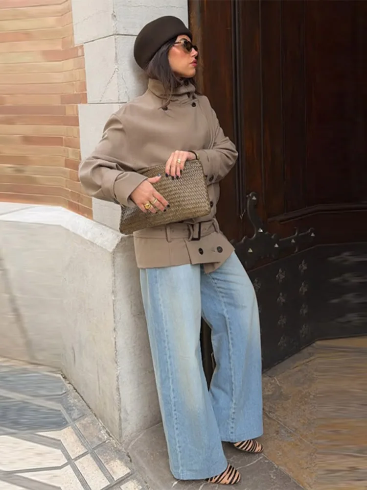 Frühjahrs-Stehkragen-Mantel mit Gürtel für Damen, Langarm-Jacke mit Seitenknopfleiste, Doppelreihig, Schlanker Schnitt, Schicke Damen-Oberbekleidung – Detail 15