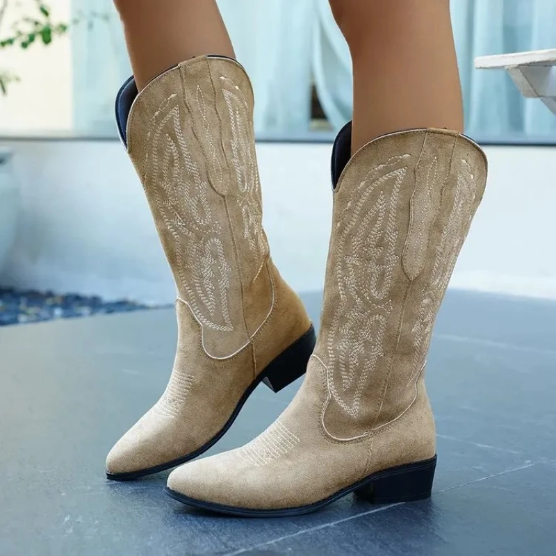 Women Fashion Boots Spring Low Heel Women Shoes Cool British Embroidered Design Soft Short Boots Party Knee High Boot