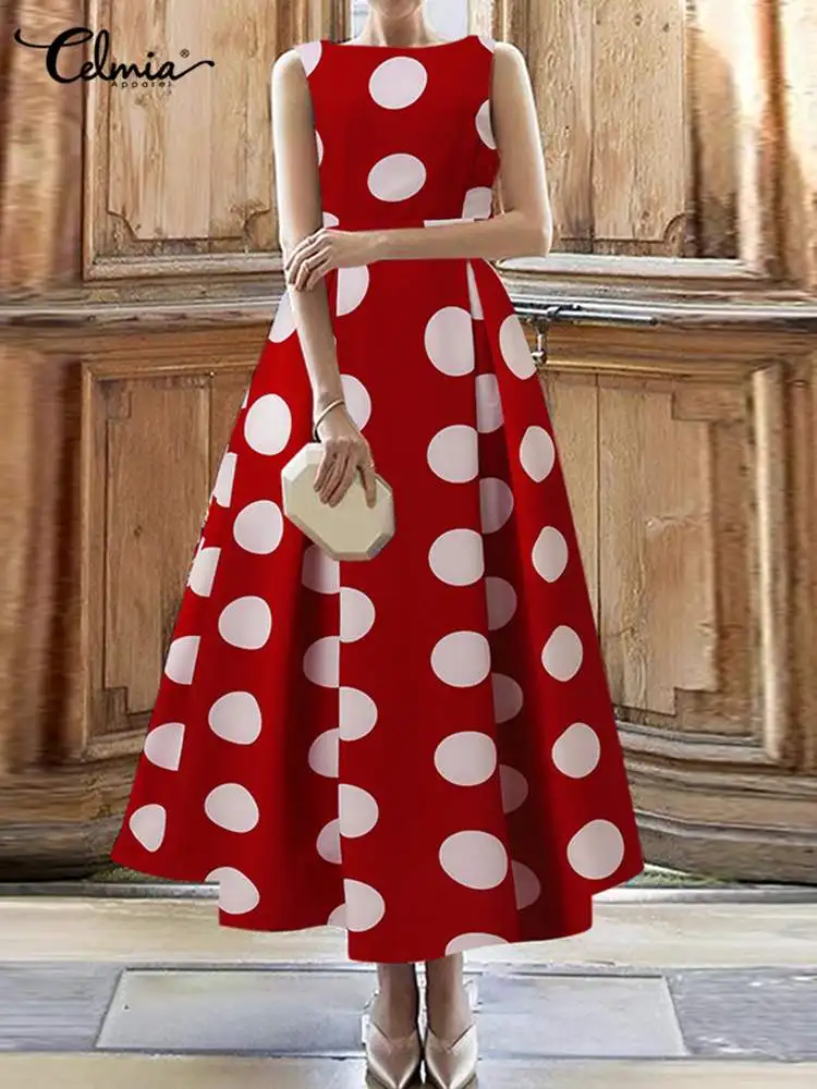 

Celmia Women Summer Fashion Dress Party Sleeveless Polka Dot Pleated Midi Dress Elegant Ladies Casual Round Neck Evening Vestido