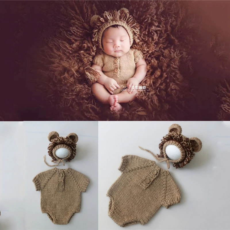 

RIRI Baby Photo Costume Hat & Bodysuit Outfit Newborns Photo Props Photoshoot Jumpsuits Infant Skin-Friendly Lion Suit Romper