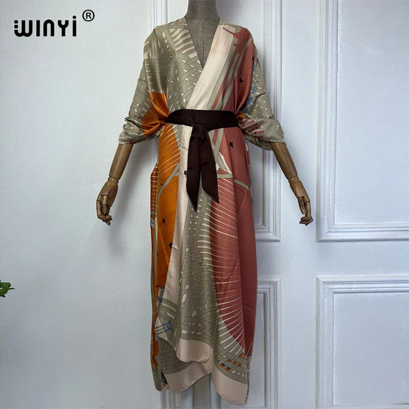 NEW WINYI summer 2024 print Middle east kimono beach cover up dress elegant African women boho Cardigan Holiday maxi abaya 1
