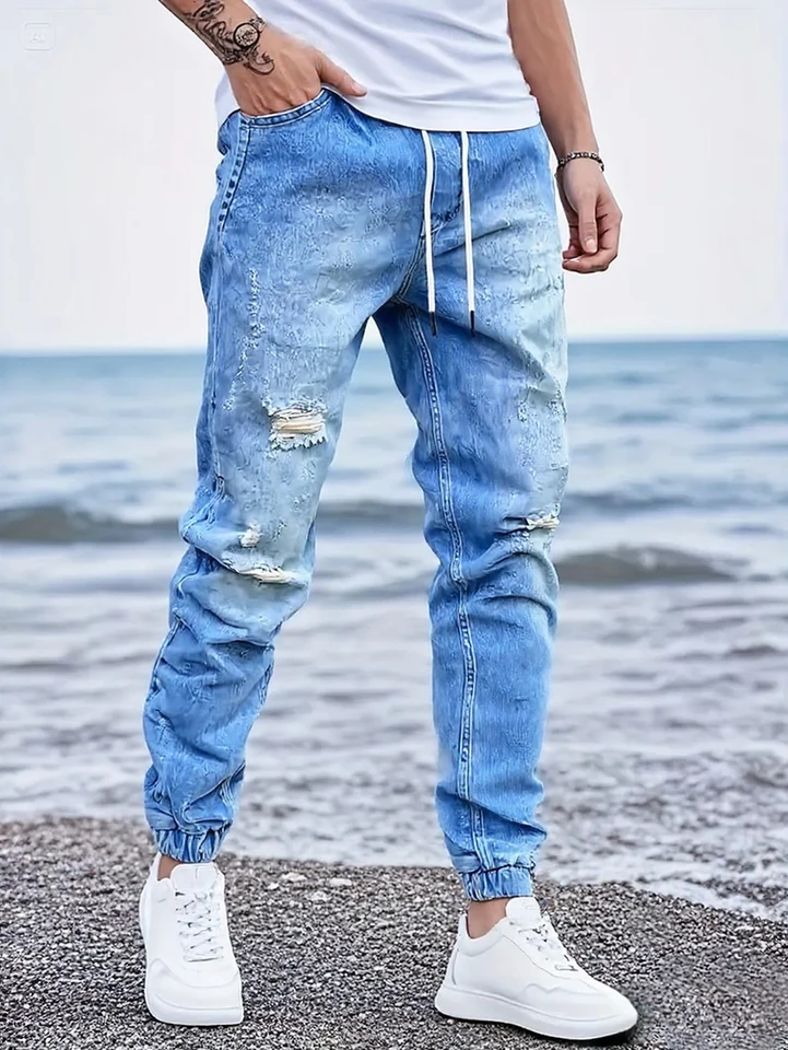 Men Light Blue Distressed Drawstring Ankle Jeans