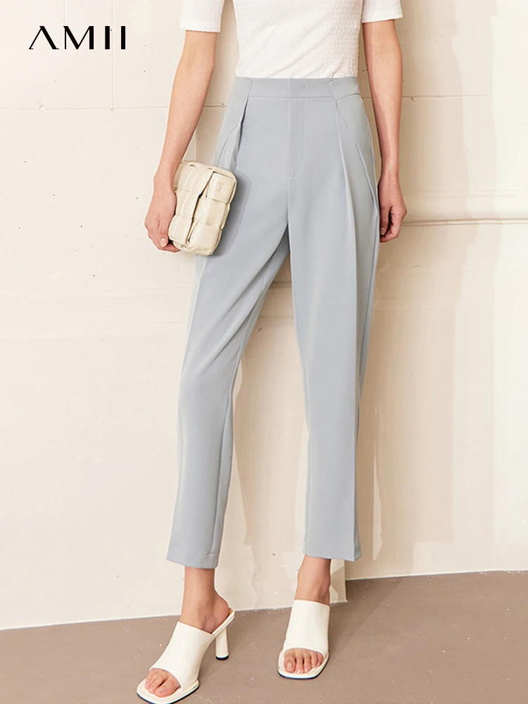 

AMII Minimalism Women's Pants 2023 Summer New Office Lady Casual Elastic Waist Suit Pantalones Solid Female Long Pants 12322088