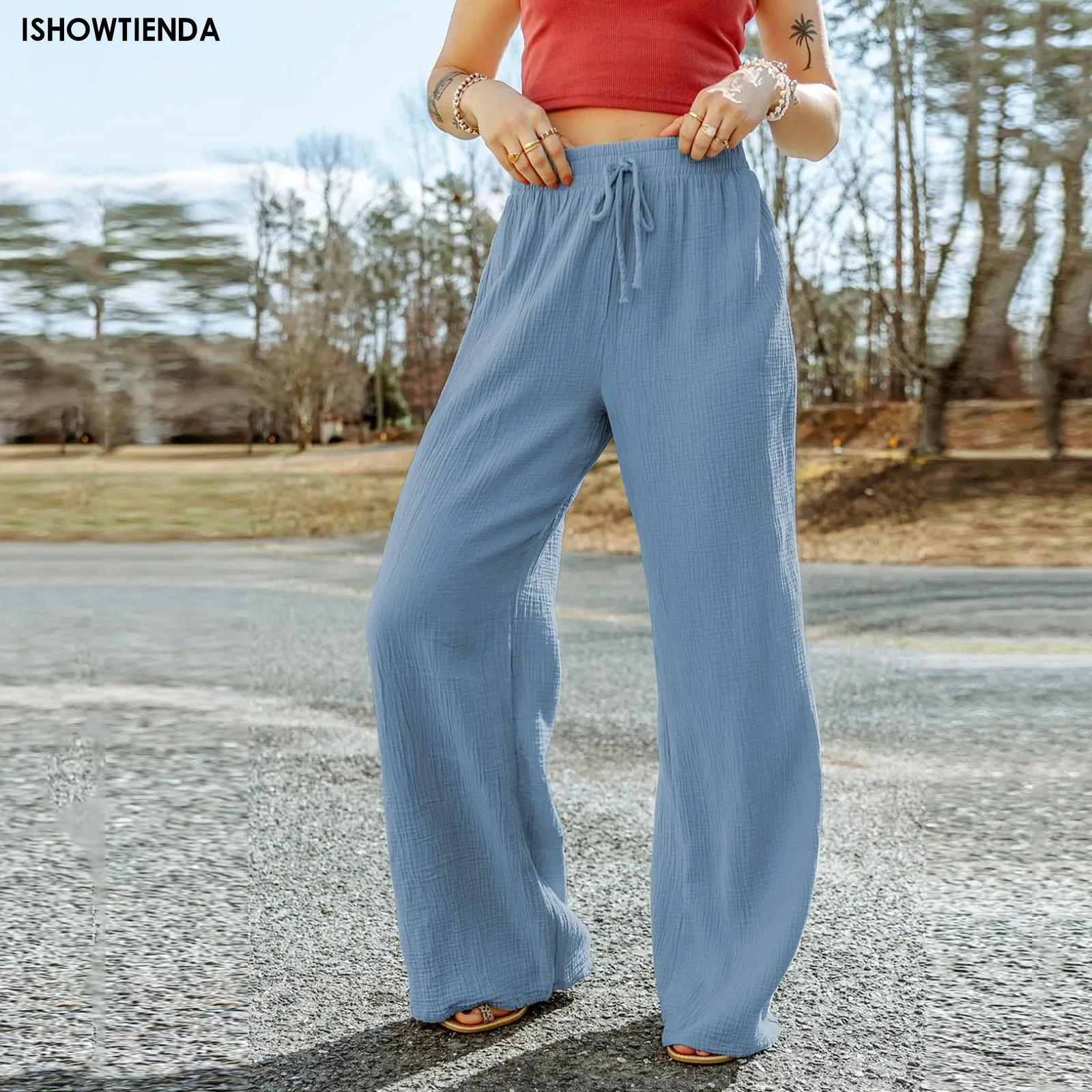 

Wide Leg Pants For Women High Waist Solid Color Casual Trousers Workout Drawstring Pants With Pockets Straight Leg Loose Pants