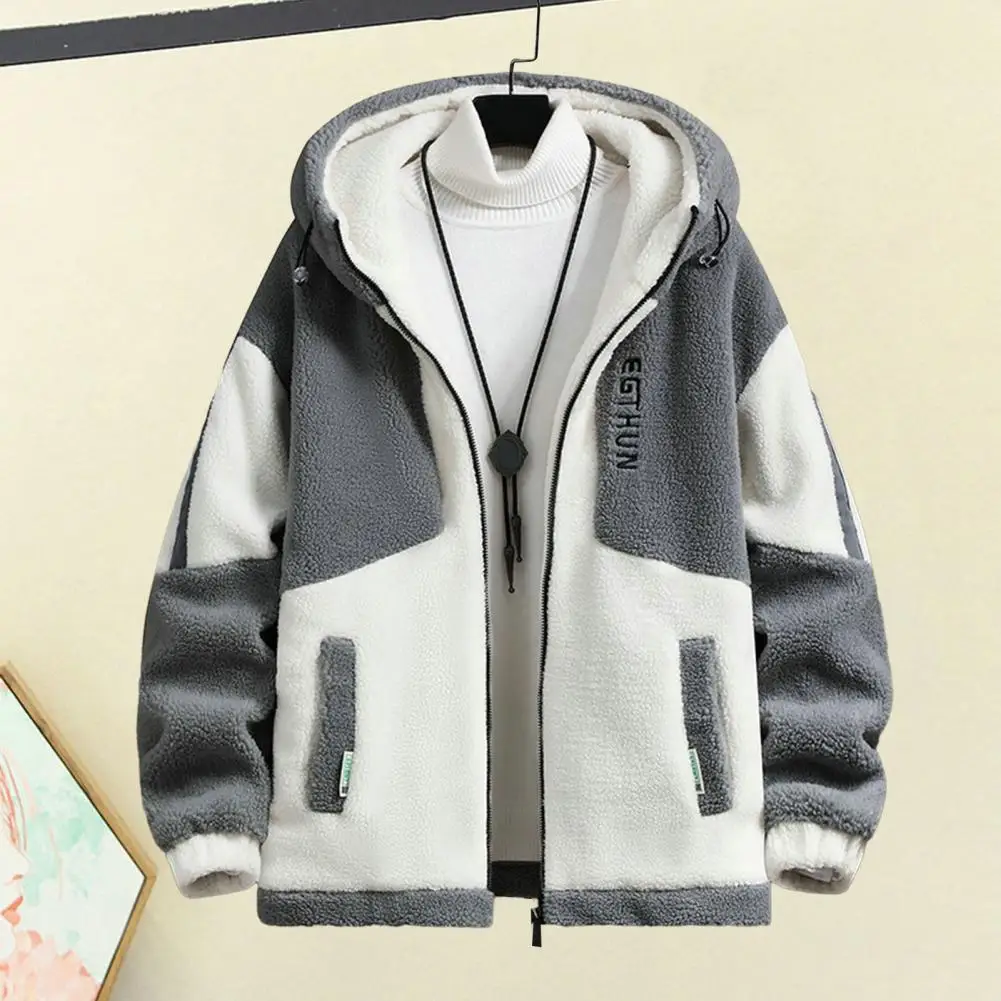 

Men Polar Fleece Jacket Jacket Colorblock Hooded Men's Jacket with Plush Warmth Cold-resistant Design Featuring Zipper for Fall