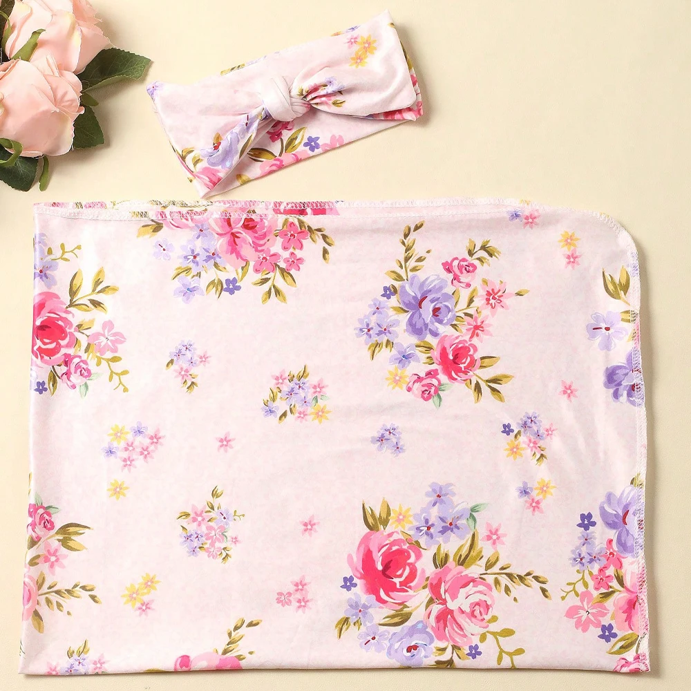 Ylsteed Newborn Photography Wrap with Matching Headband Floral Print Baby Swaddle for Photo Shooting Portrait Photography Props 4