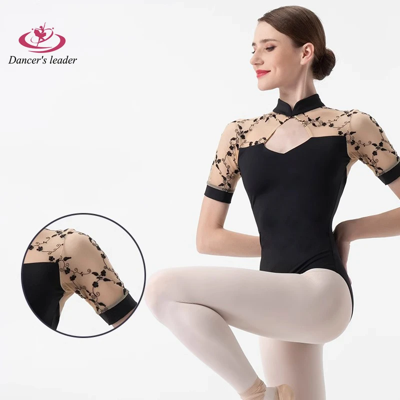 

Балетный костюм, трико для женщин, тренировочный костюм с вышивкой и цветочной сеткой, гимнастический купальник, платье для выступлений, костюм для йоги