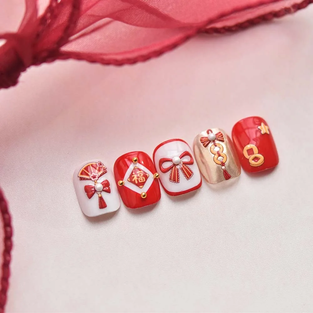 Nail Accessories Chinese New Year Nail Sticker 3D Pearl Bow Peony Flower New Year Snake Nail Decal 2025 Snake New Year