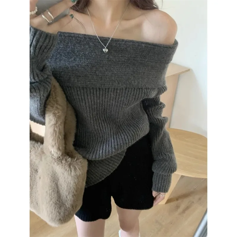 Slash Neck Knitted Sweater Women Sexy Off Shoulder Long Sleeve Pullovers Female Korean Elegant Thicken Slim  Top 3