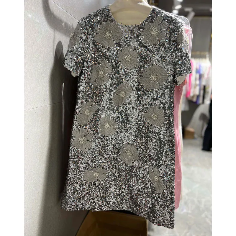 

10.28 Heavy Industry Luxury Sequined Beading Embroidery Design Slim Temperament Short Sleeve Dress Women