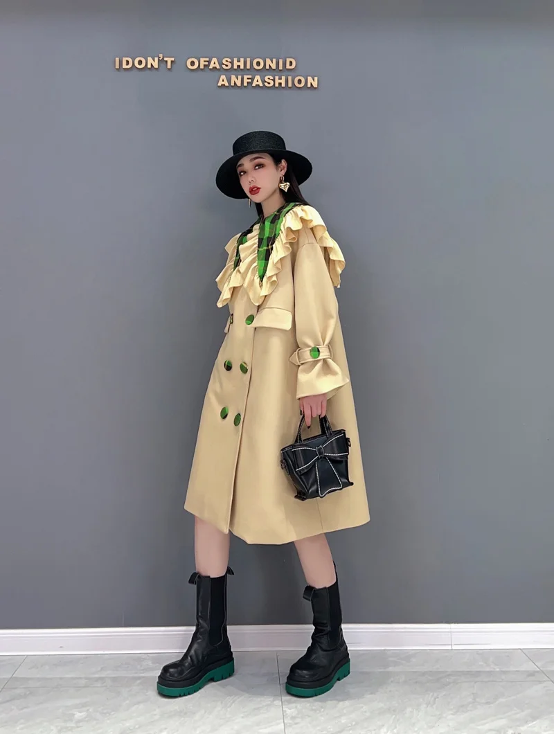 long duvet coat Vefadisa 2022 Spring Autumn The New Large Size Windbreaker Fashion Mid-length Doll Collar Double Breasted Coat Yellow LHX119 long down puffer coat