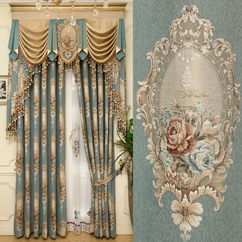 

European Embroidery Curtains for Living Room Bedroom Thick Chenille Blackout Jacquard Embossed Tulle Valance Custom Window