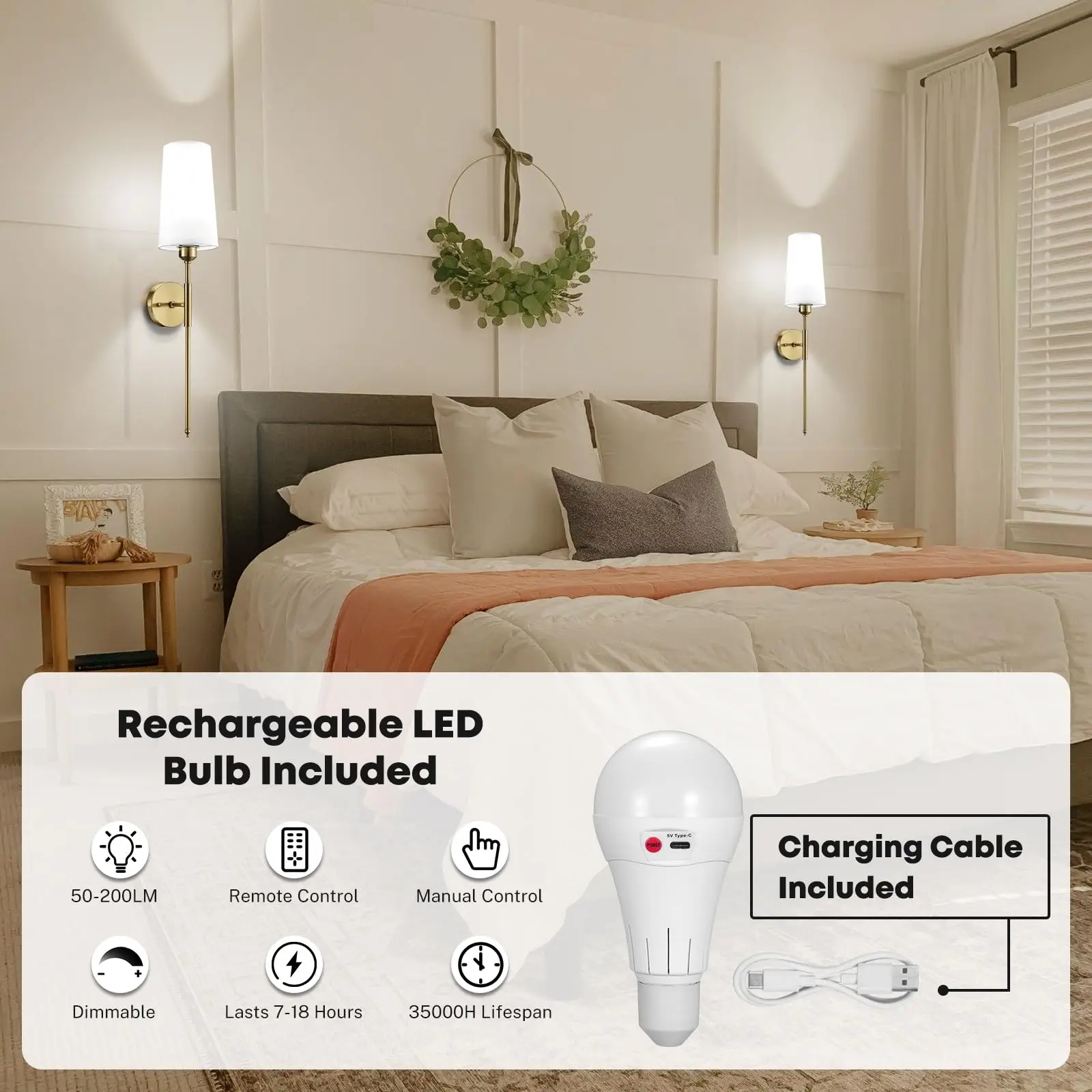 LED Wall Lamp NookNova 2Pack Gold Battery Operated Wall Sconces With Bulbs Wireless Rechargeable Powered Wall Lamp with Remote