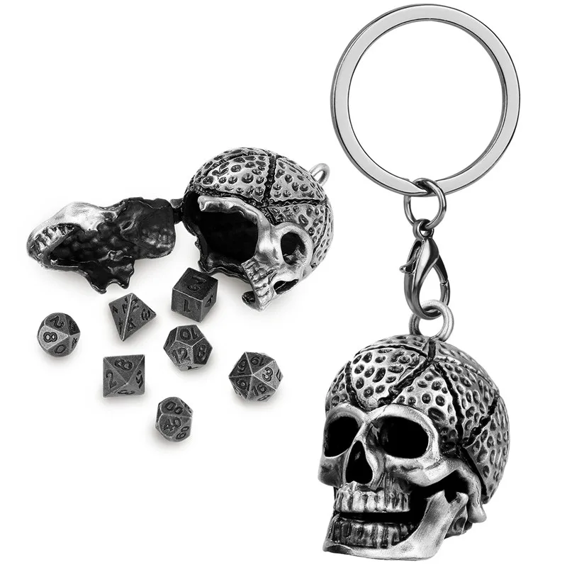 Gothic Portable Key Ring Necklace Chain with Hollow Skull Head Storage Case for 7pcs Tiny Polyhedral Dice Set Gaming Dices