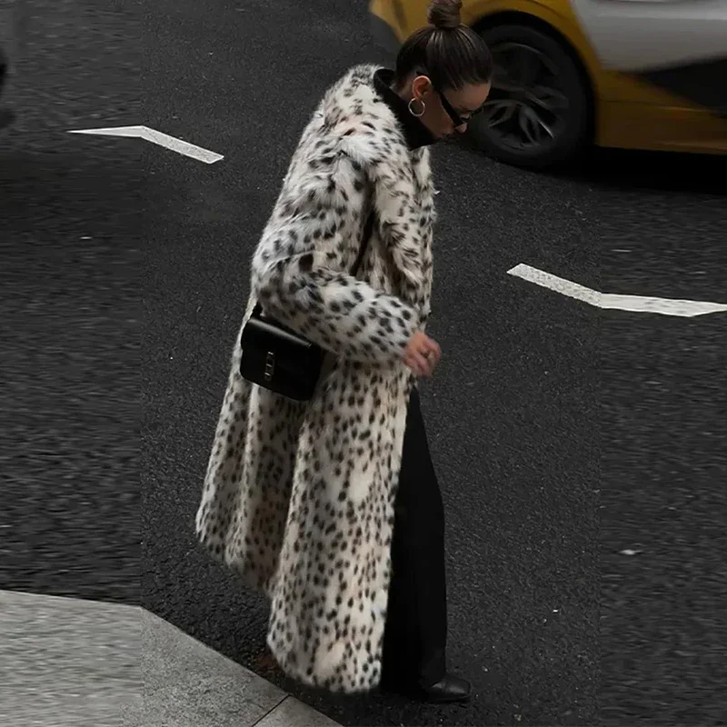 Fashion Animal Lapel Faux Fur Long Coat Women Loose Long Sleeve Pocket Lady Overcoats Autumn Winter Warm Street Thick Outwear