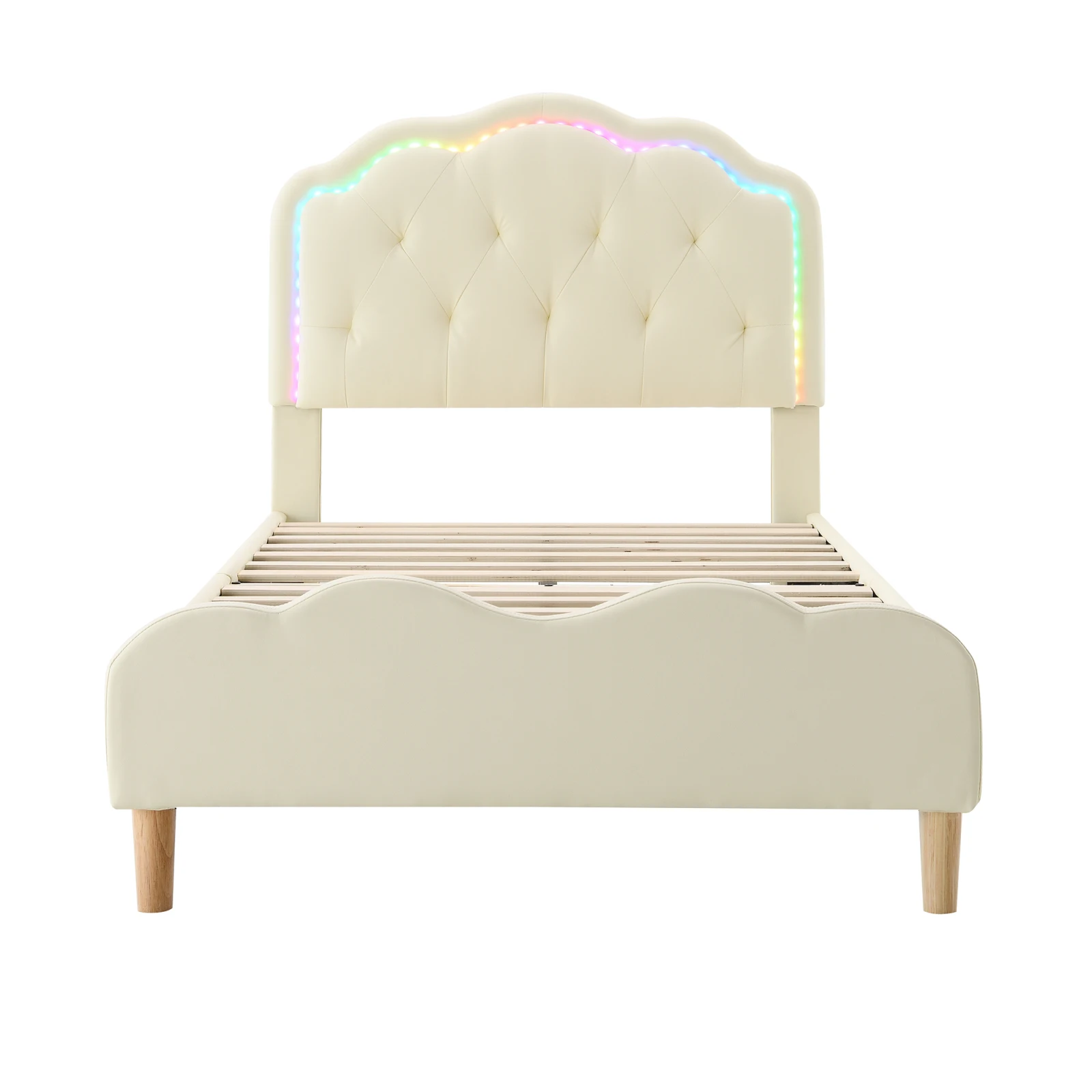 Rosahqnda 90*200cm Kinderbett mit LED-Einzelbettgestell Mädchenbett Polsterbett Jugendbett mit Wellenkopfteil PU weiß – Detail 10