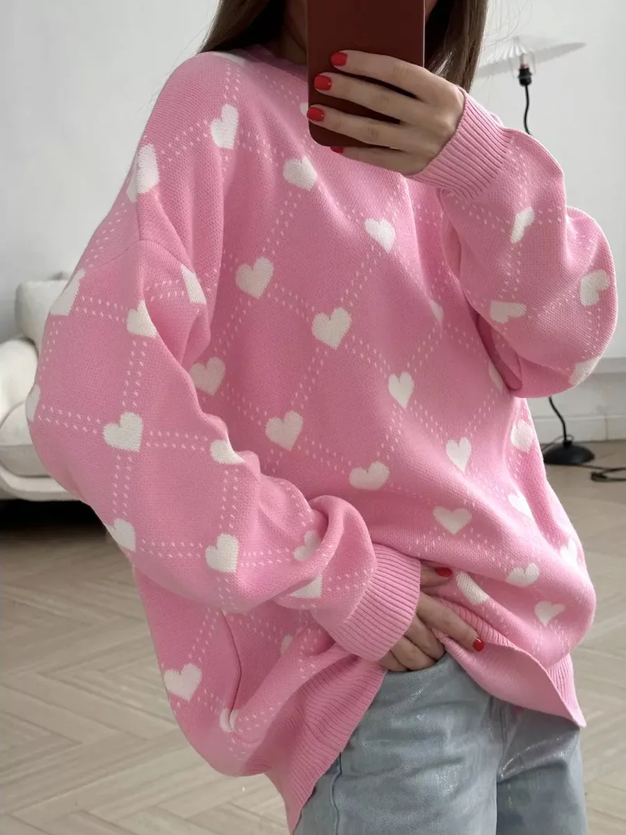 Autumn Printed Knitwear Pullover For Women Casual Patchwork Long Sleeve Contrast Loose Top Clothes Female Knit Pullover