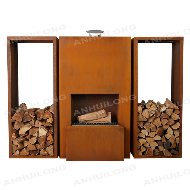 Wood Burning Corten Steel Freestanding Outdoor Fireplace With Wheels