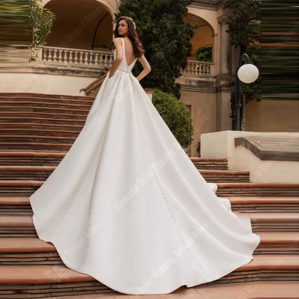 Simple Satin A-Line Wedding Dresses For Women Party Elegant V-Neck Sleeveless Bridal Gowns Princess Ball Vestidos De Novias 2025 2