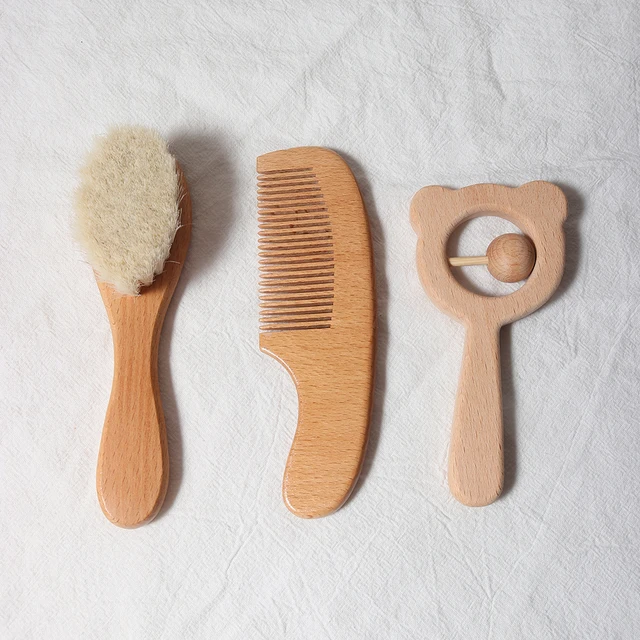 Ensemble de brosses et peignes pour bébé, coffret cadeau pour nouveau-né, laine naturelle, hêtre, peigne en bois, bavoir, attache-sucette, brosse à cheveux pour enfants 1