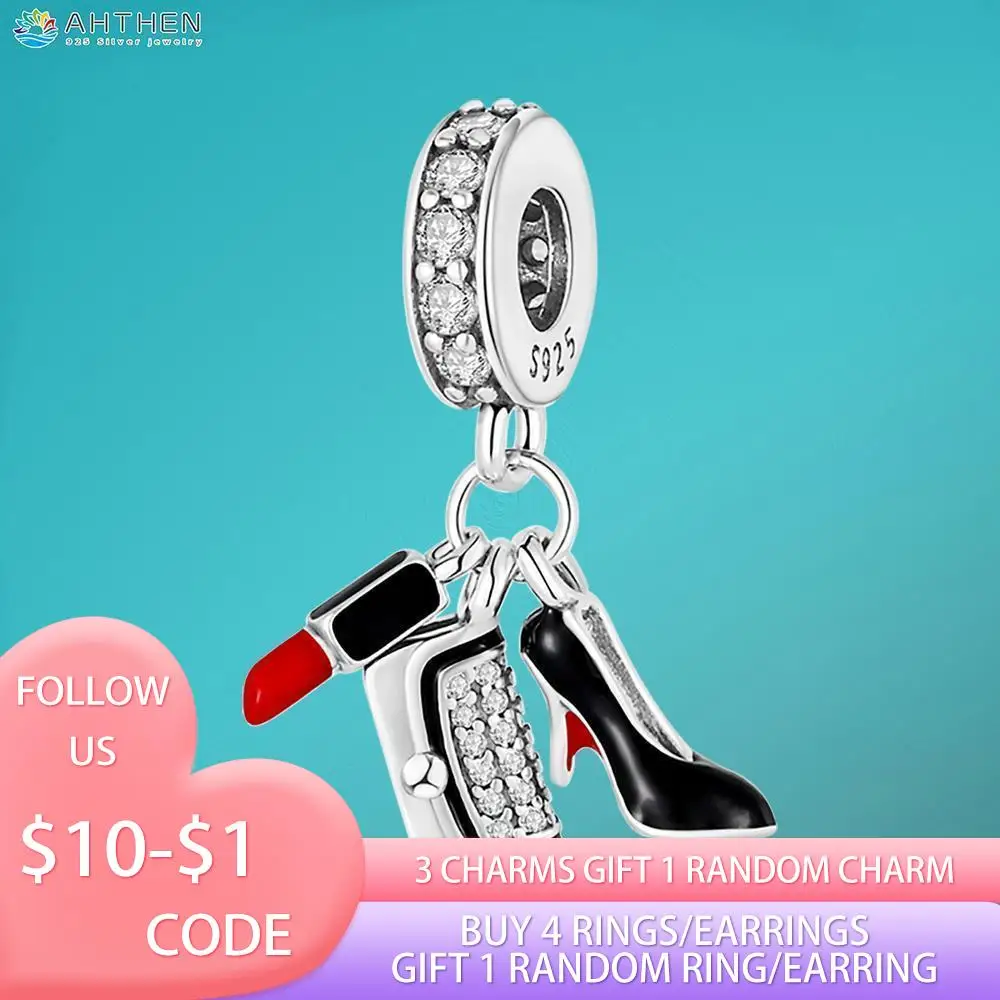 

Ahthen 925 Sterling Silver Beads Lipstick High Heels Bag Charm fit Original Pandora Bracelets Fashion Fine Jewelry Gift