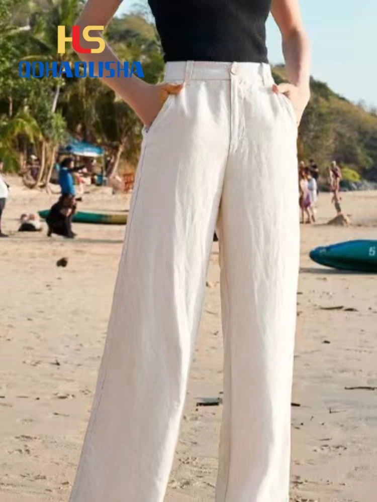 Women's Pants Summer Casual Wide Leg Loose Thin Cotton Linen Clothes Women Drape High Waist Straight Long Trousers Cargo Pants