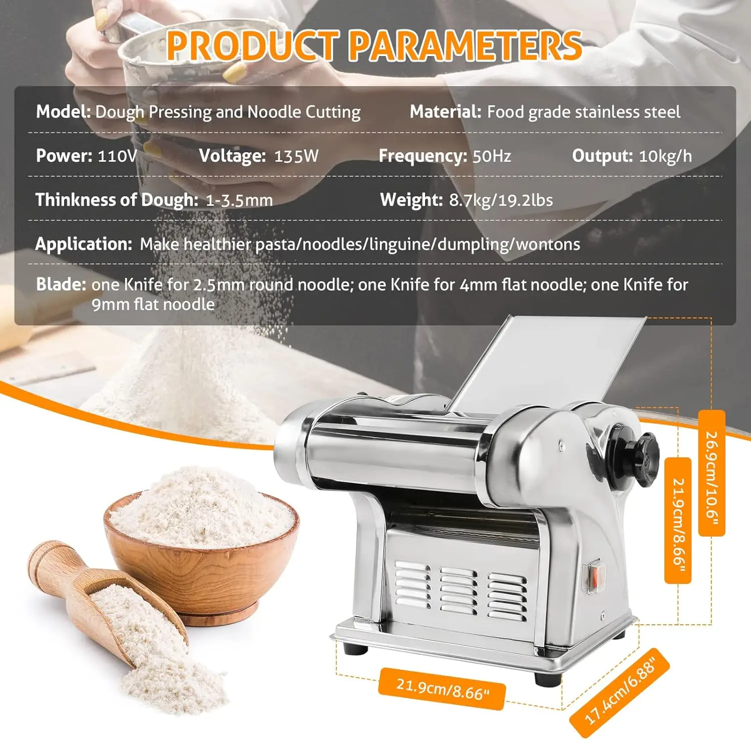 Electric Pasta Maker Machine 3 IN1 Pasta Dough Spaghetti Roller Noodle Pressing Machine Stainless Steel 135W for Home Family Use