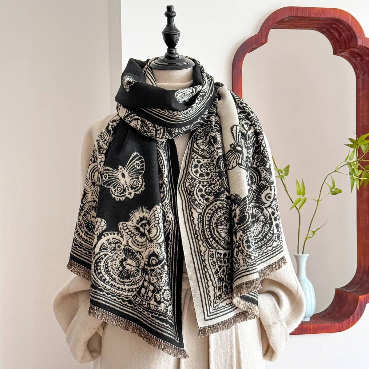 2025 Luxury Brand Winter Cashmere Scarf - Women's Tasseled Watercolor Printed Pashmina Shawl, Foulard Wrap & Poncho