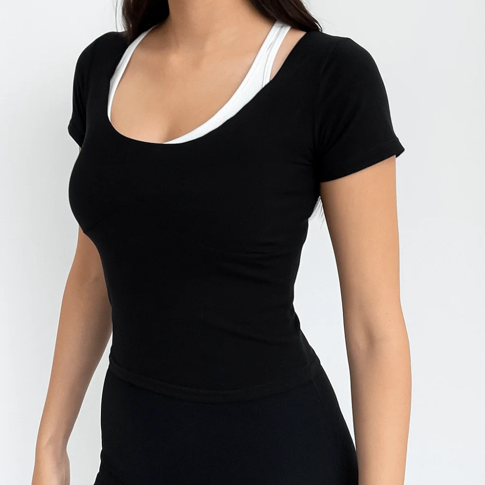 Cute Y2K Fake Two Pieces Top Bottoming Shirt Spicy Girl Style Slim Halter Crop Top Women Chic Short Sleeve T-shirts Streetwear