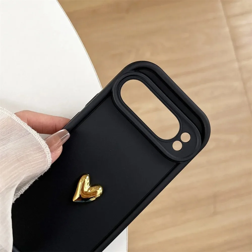 Silicone Soft Phone Case with 3D Gold Heart Love Rope Wrist Strap Lanyard - Shockproof Cover