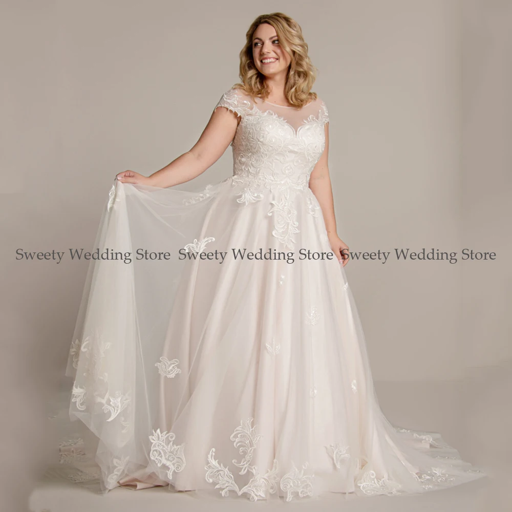 A Line Wedding Dress Plus Size For Bride Cap Sleeve Scoop
