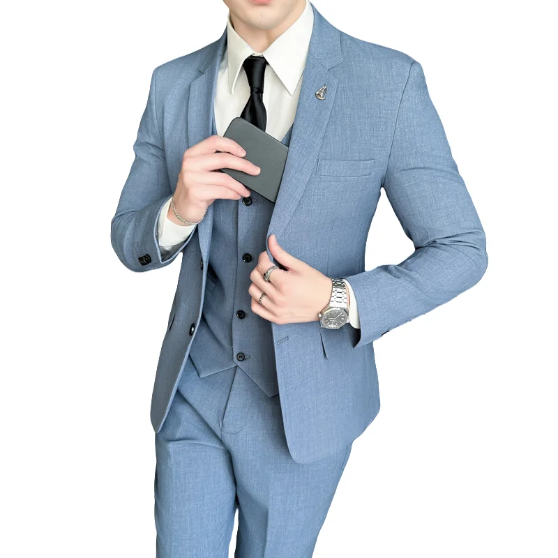 Men Suit Set (blazer+ Vest +pants) Fashion Business Casual Hosts A Solid Color Slim-fit Gentleman's Wedding Suit Plus Size M-7XL
