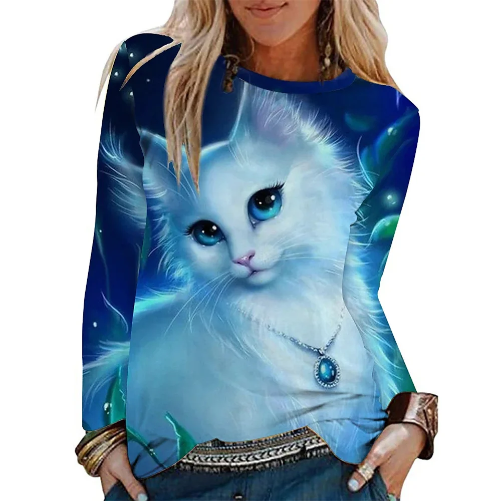 

2023 Women's Long Sleeves Top Tee Cute Cat 3d Animal Cartoon Animal T-shirt Women Ladies Girl Pullover