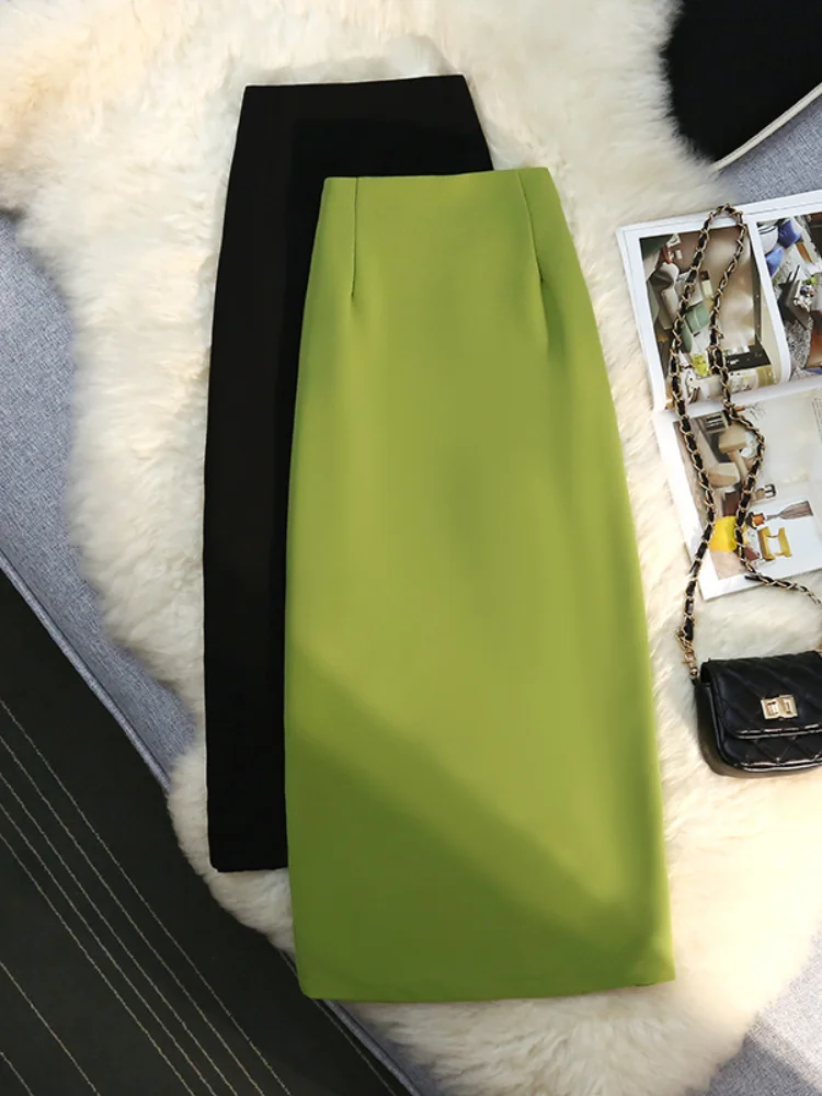 

Elegant Vintage Slit Formal Woman Skirts Korean Fashion High Waist Slim Green Long Skirt Women Spring Summer New