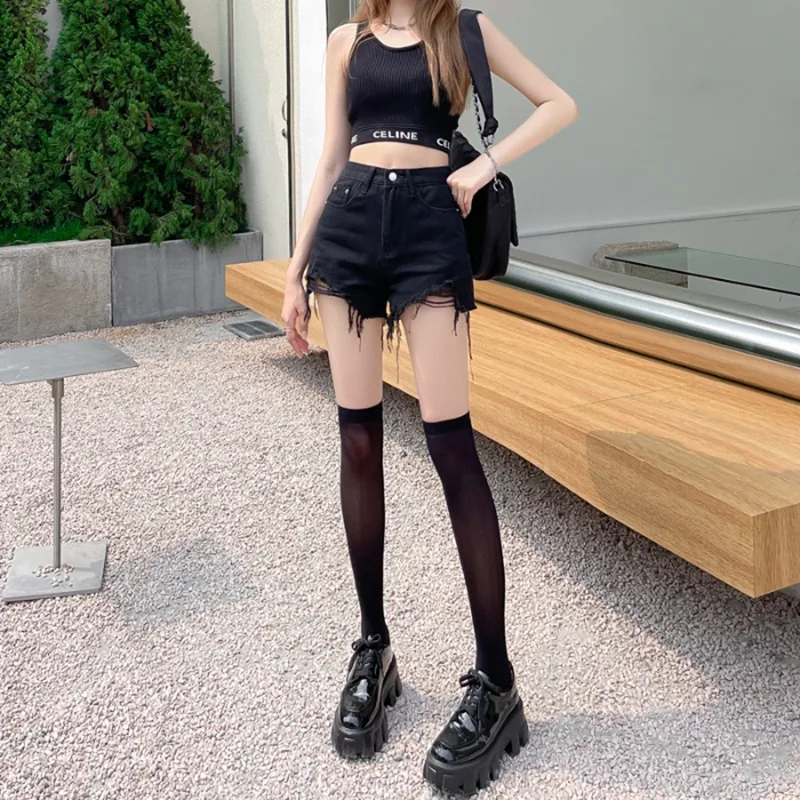 Korean Style Denim Shorts Women Summer New Solid Color High-waisted High Street Versatile Slim Thin A-line Wide-leg Jeans Female