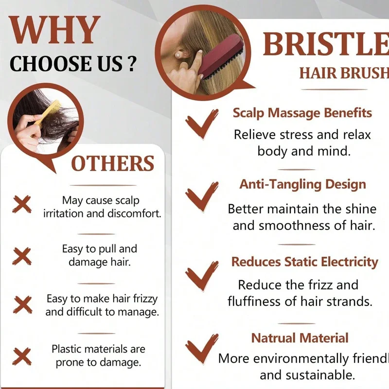 Premium Bristle Hairbrush Set with Wooden Handle - Anti-Frizz & Scalp Massaging