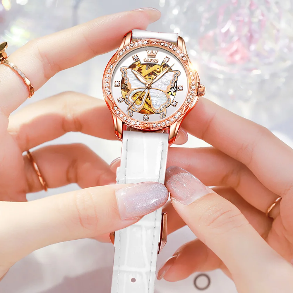 OLEVS Watch for Women Ceramic Strap Waterproof Luminous Diamond Skeleton Tourbillon Dial Women's Automatic Mechanical Wristwatch