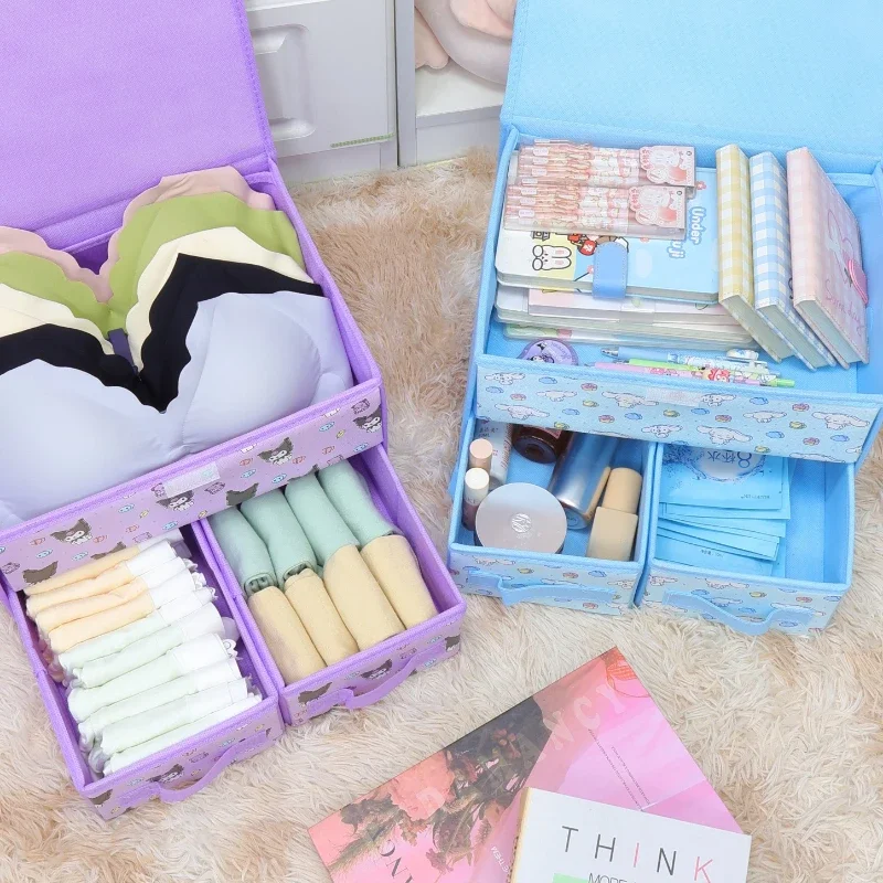 Sanrio Fabric Underwear Organizer Kuromi Cinnamoroll My Melody HelloKitty 2 Layer Drawer Foldable Underwear with Lid Storage Box 6