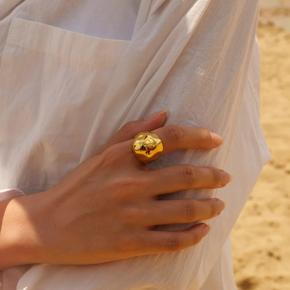Gold Plated Metal Women Chunky Large Dome Rings Waterproof Stainless Stee Texture Wedding Finger Ring Anniversary Gifts Bijoux