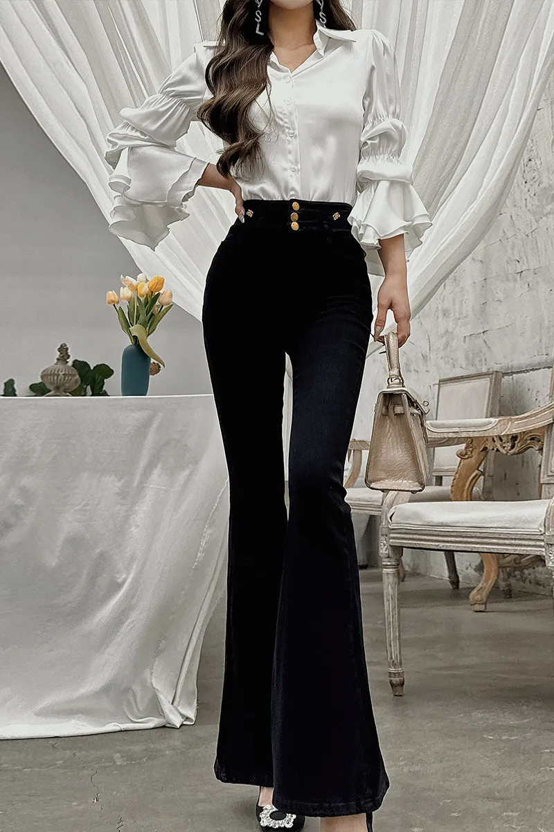 

DABUWAWA Tienda Vestidos Elegantes Para Mujeres Three Buckle Empire Jeans Flare Pants Pantalones American Retro Y2k DA1ALJ005