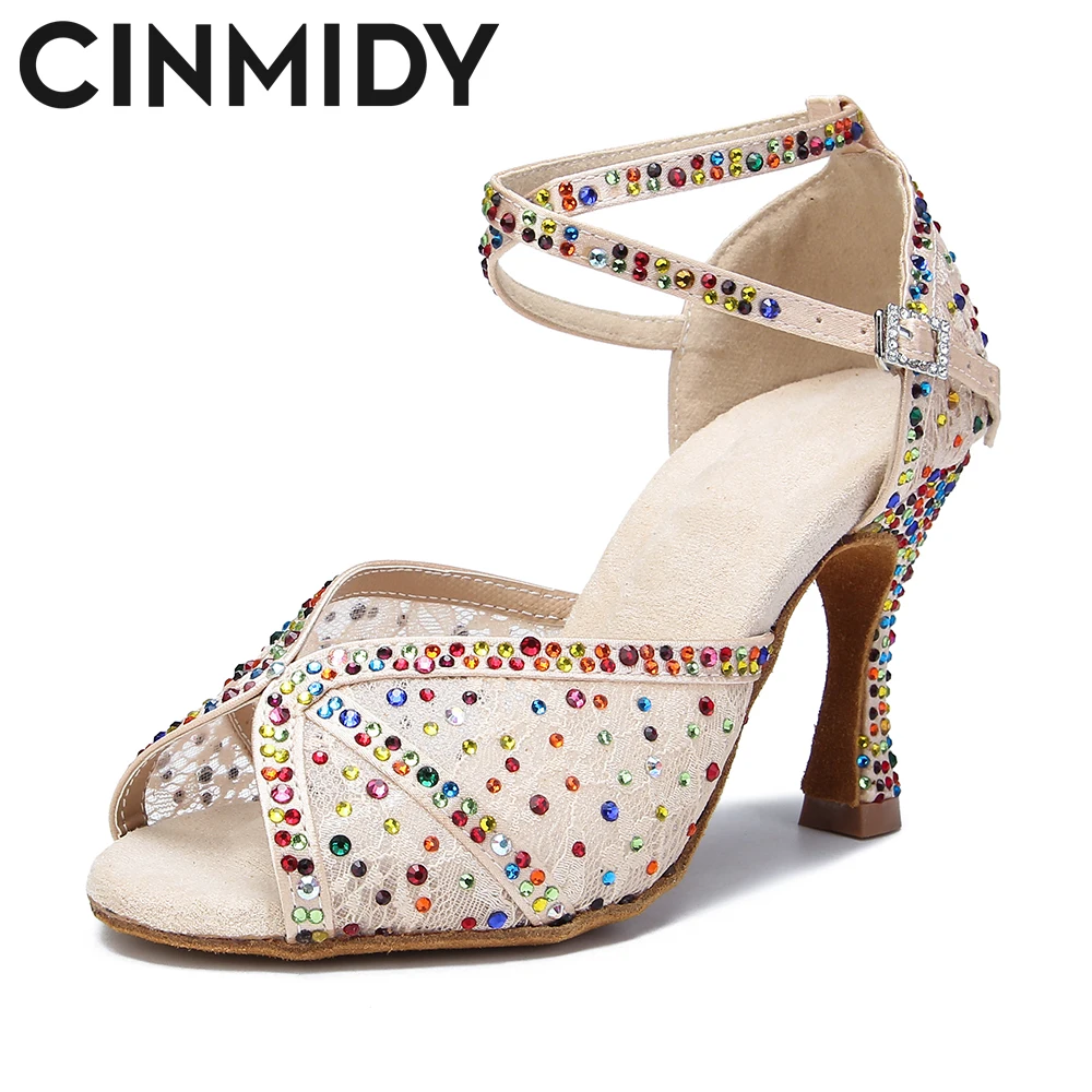 CINMIDY Colored Rhinestones Latin Dance Shoes Tango Mesh Ballroom High Heel Dance Shoes For Girls Women Indoor Party Show Shoes