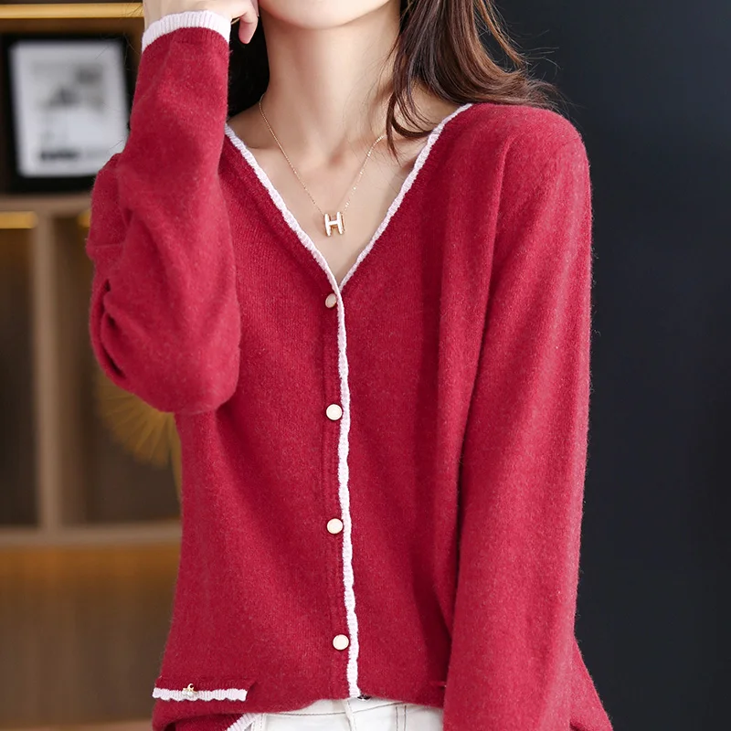 

100% Wool High Quality Spring and Autumn Fashion Cardigan Long Sleeve Single Breasted Solid Color Button Knitted Sweaters Women
