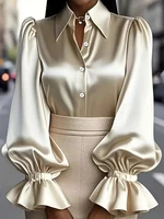 Elegant Satin Blouse with Ruffled Cuff Sleeves and Button-Down Collar - Chic Office & Casual Wear Top - Image 3