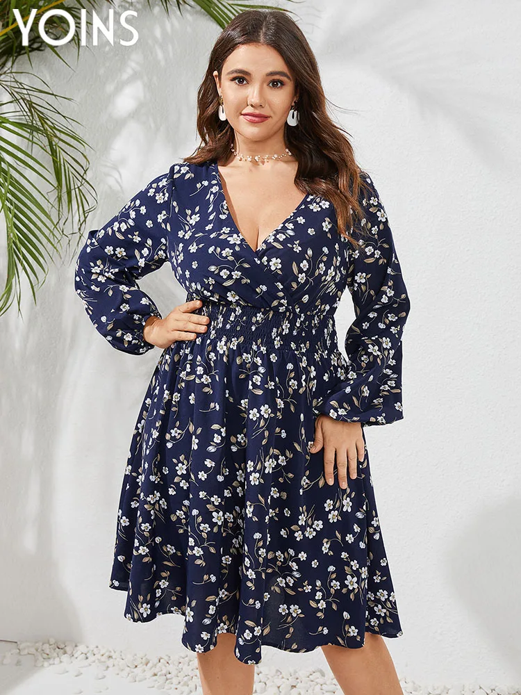 

YOINS Plus Size Bohemian Floral Print Mini Dress Women's Long Sleeve V Neck Autumn Vestidos Ruffled Pleated Casual Short Robe