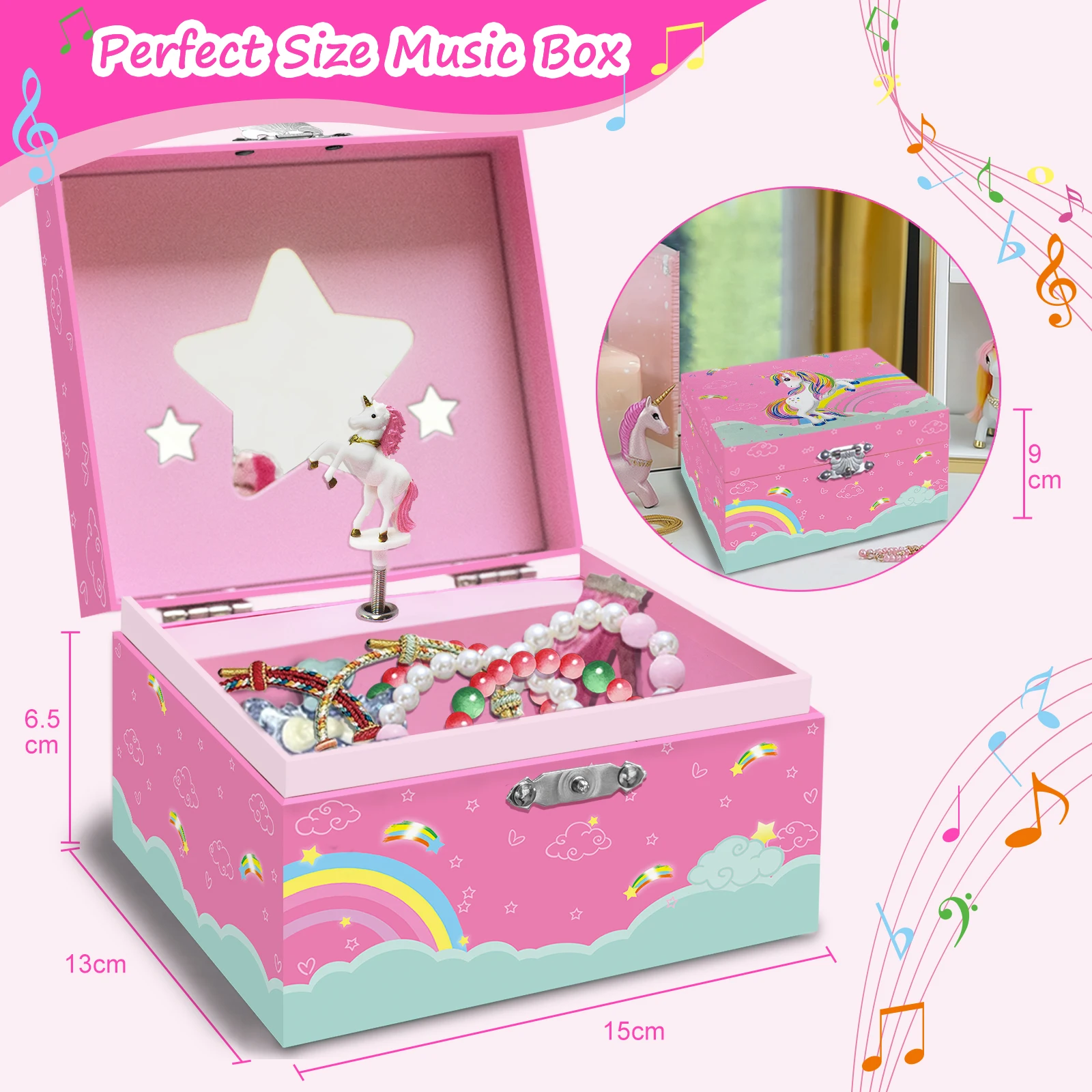 Magical Unicorn Jewelry Box, Spinning Unicorn with Jewelry Drawer, Small Rectangular, Square Jewelry Box 2