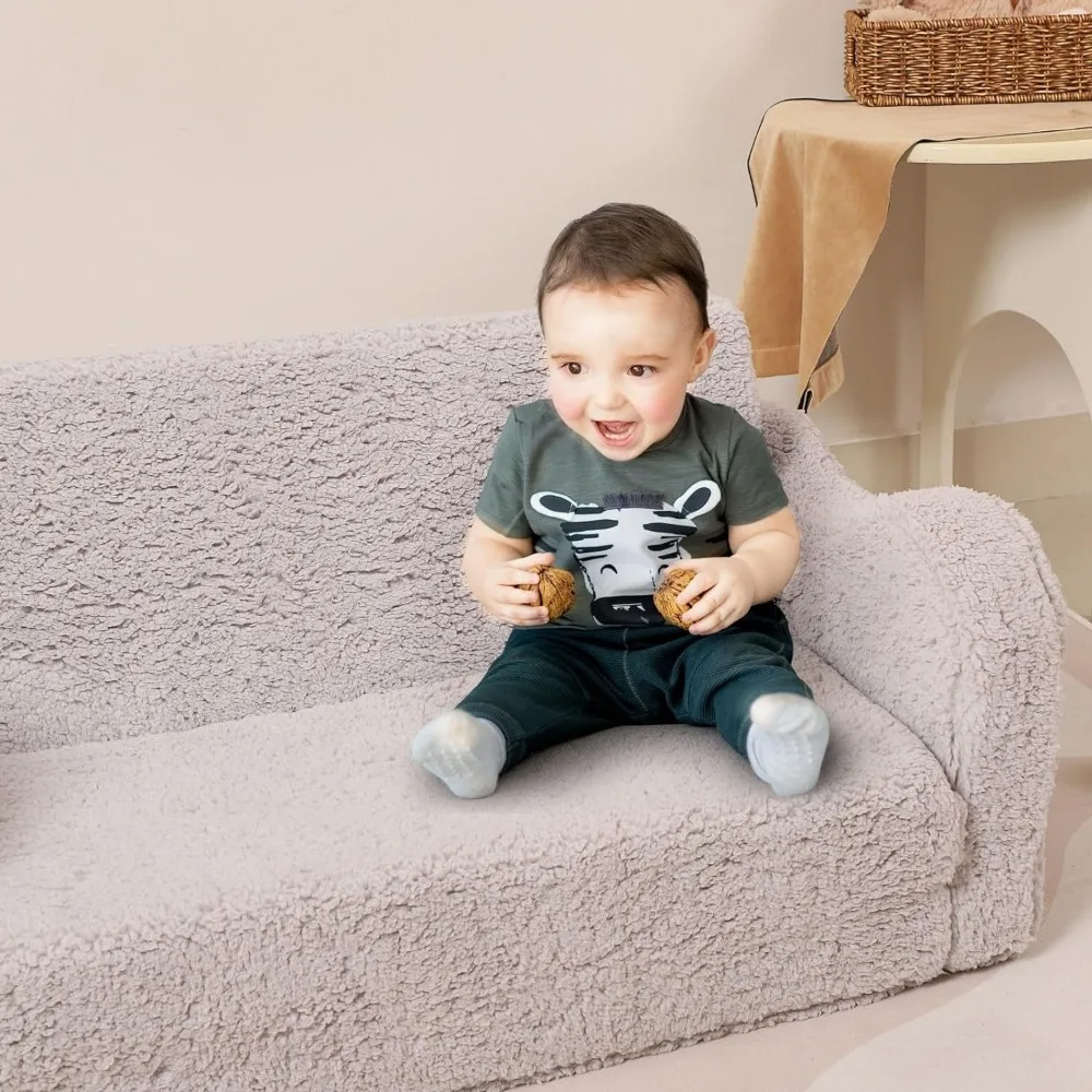 Kids Extra Wide Chairs for Toddler,2-in-1 Toddler Soft Sherpa Couch Fold Out,Convertible Sofa to Lounger for Girls and Boys,Grey 6