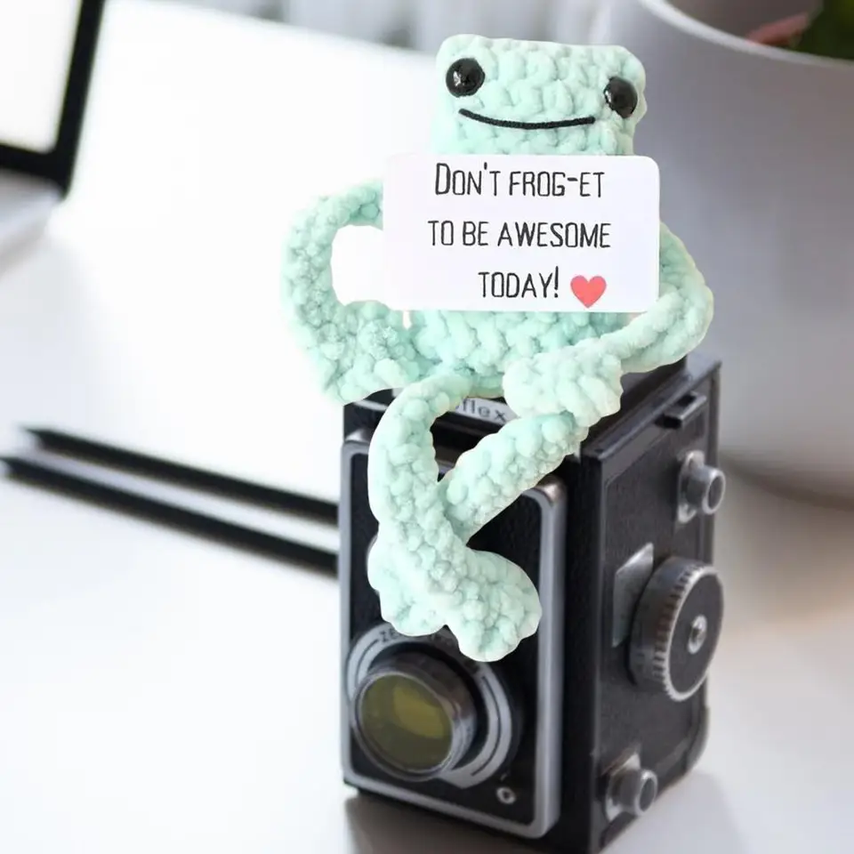 Grenouille Au Crochet Avec Carte D'affirmation - Fait Main En Laine - 9x7x6 Cm - Cadeau Positif Pour Décoration Bureau Ou Maison