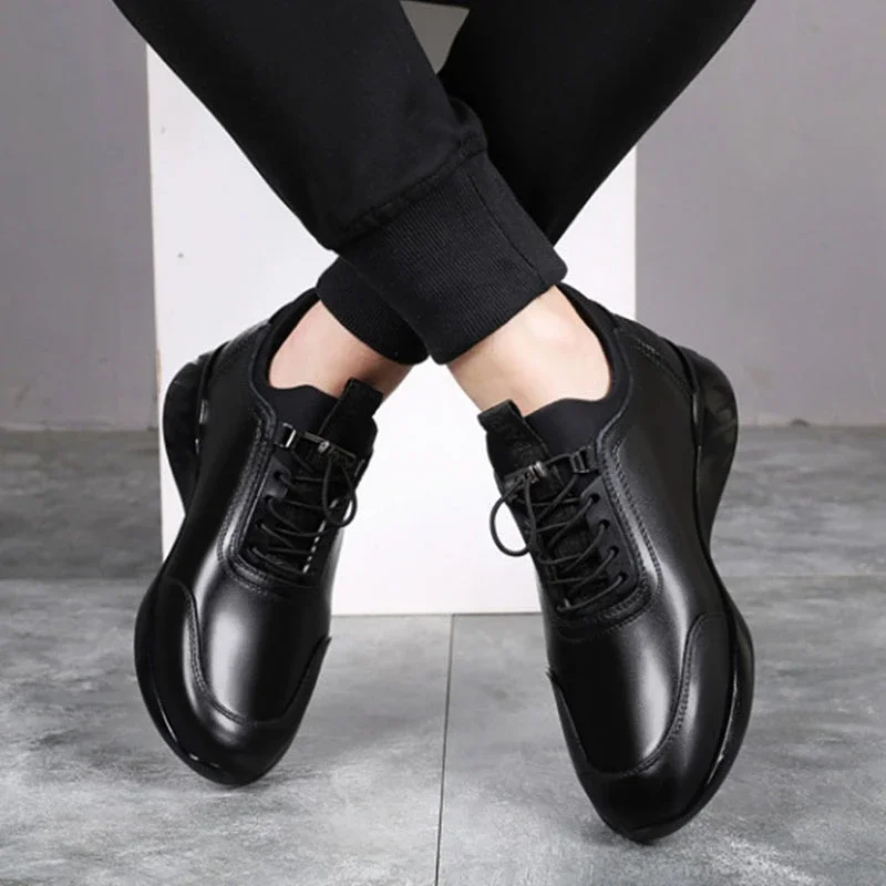 New Men's Vulcanize Shoes Men Casual Shoes Leather Design Shoes Height Increase 8Cm Gym Business Fashion Male Sneakers New Black 3