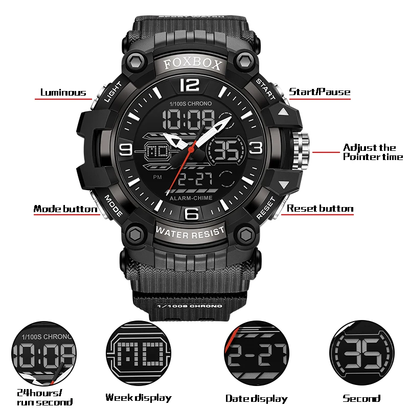 FOXBOX Quartz Watches For Men Silicone Bracelet Sports Wristwatches Waterproof Alarm Clock Analog Digitals Clock Reloj Hombre