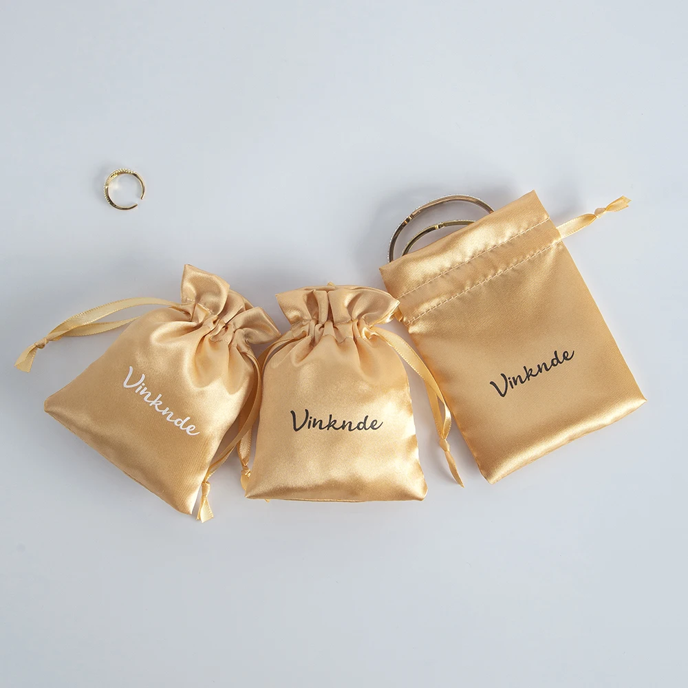 

Gold Satin Silk Jewelry Small Drawstring Bag with Ribbon Custom Logo Earring Bracelets Packaging Organizer Pouch Wedding Favors